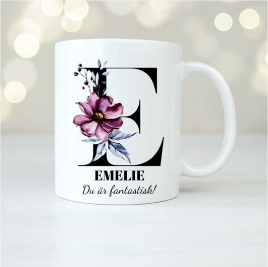 Blommig bokstav | Blå/Rosa | Personlig mugg