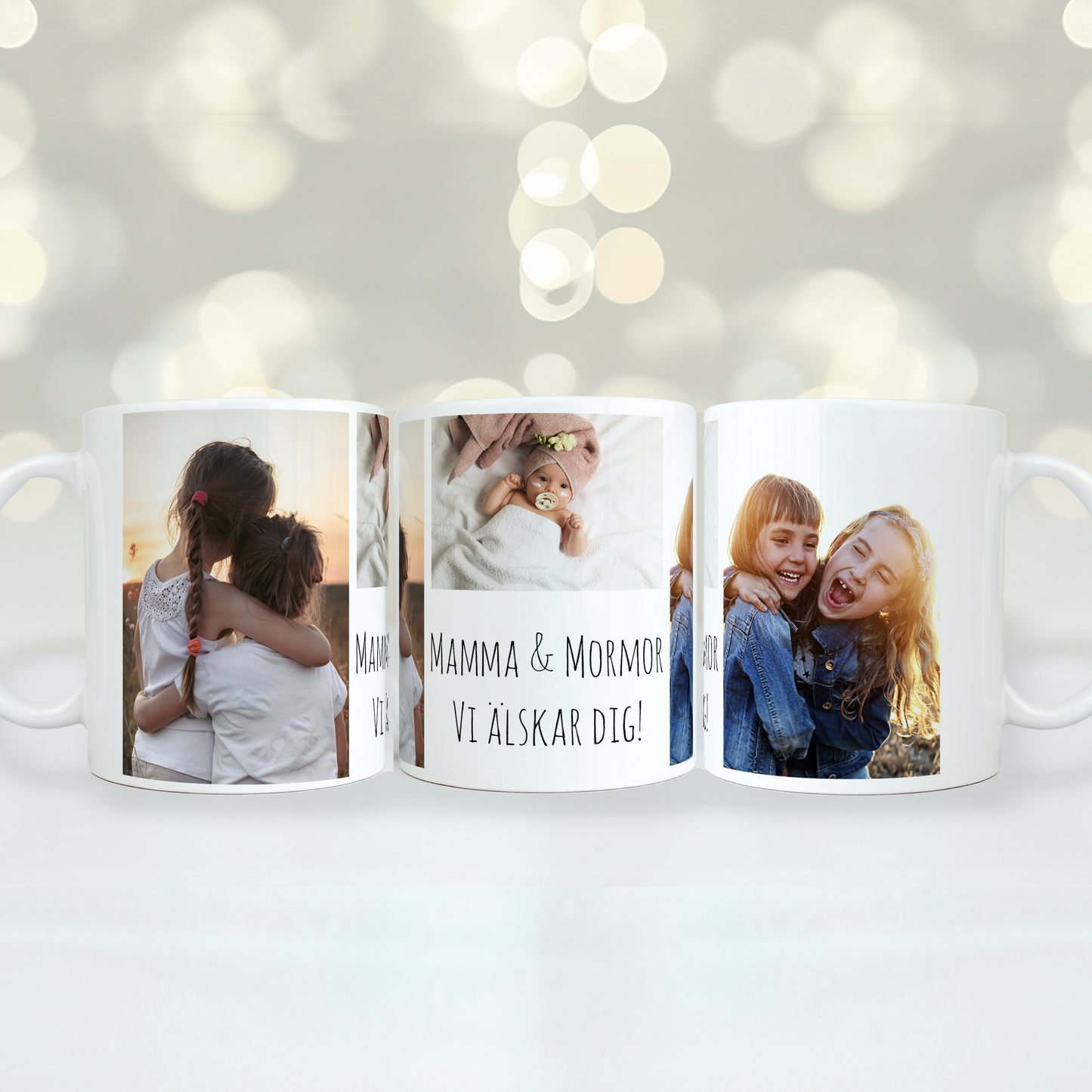 Mugg med tre foton och text