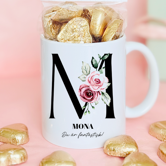 Blommig bokstav | Rosa | Personlig mugg