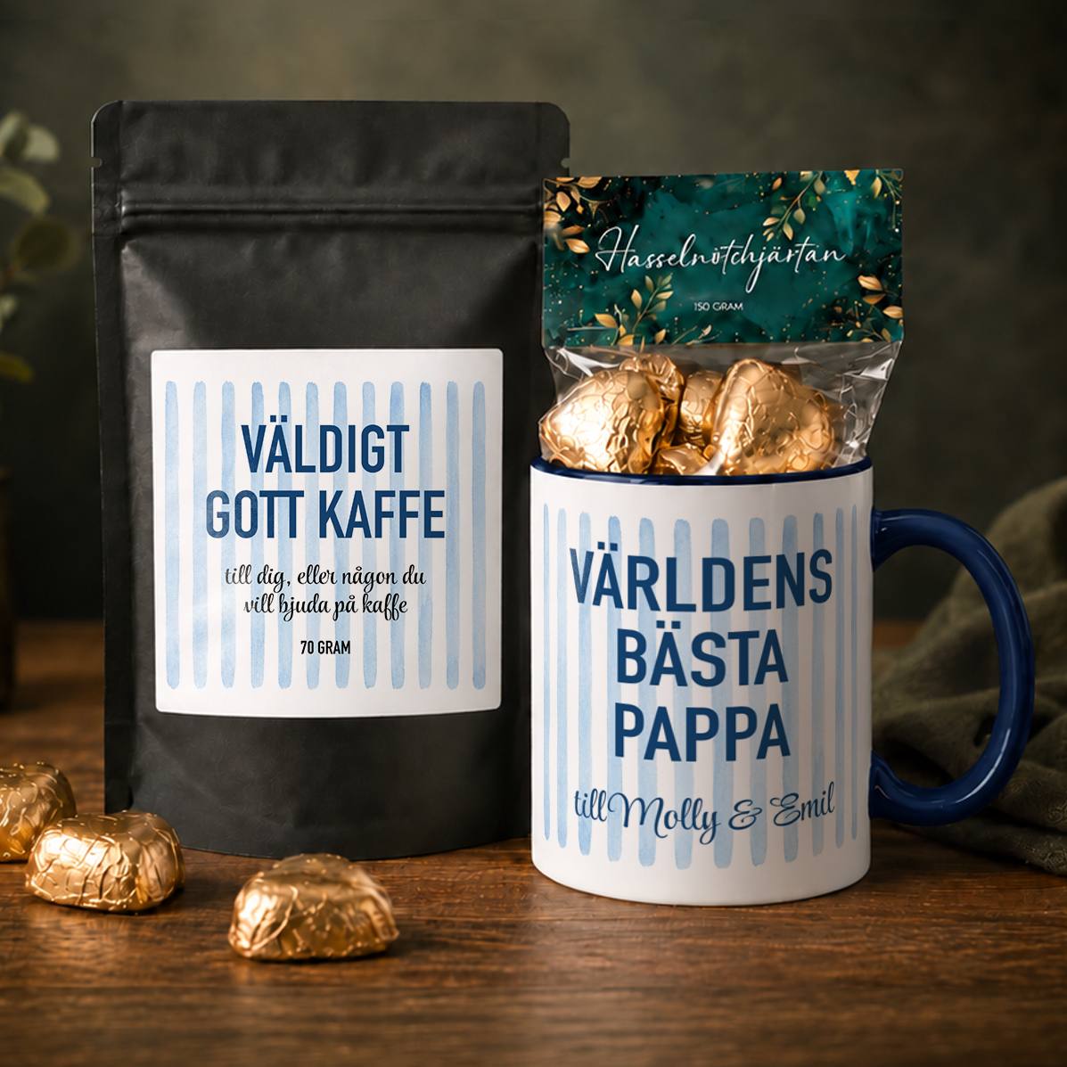 Presentpaket | Blå streck | Mugg, kaffe & godis