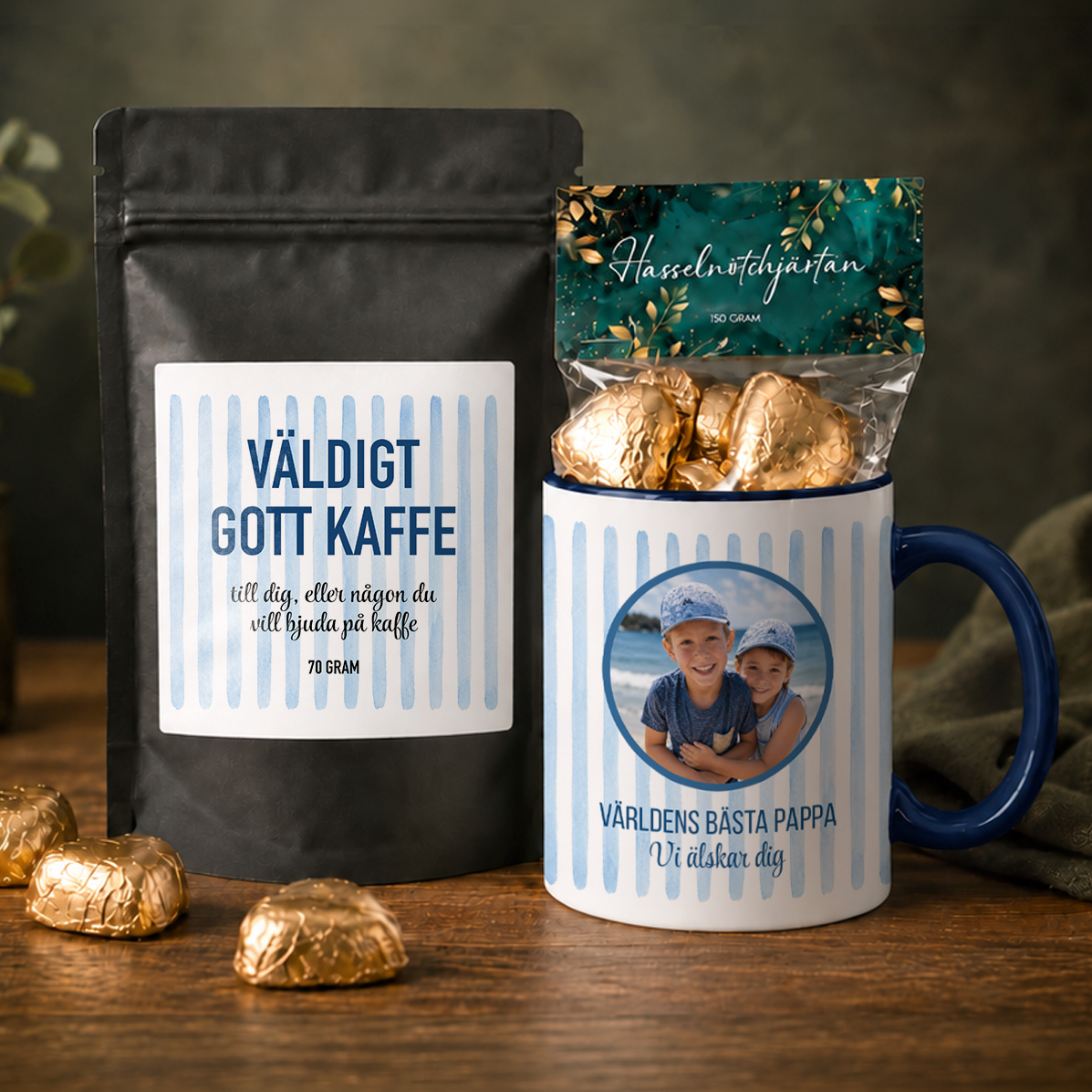Presentpaket Fars Dag | Blå streck & foto | Mugg, kaffe & godis